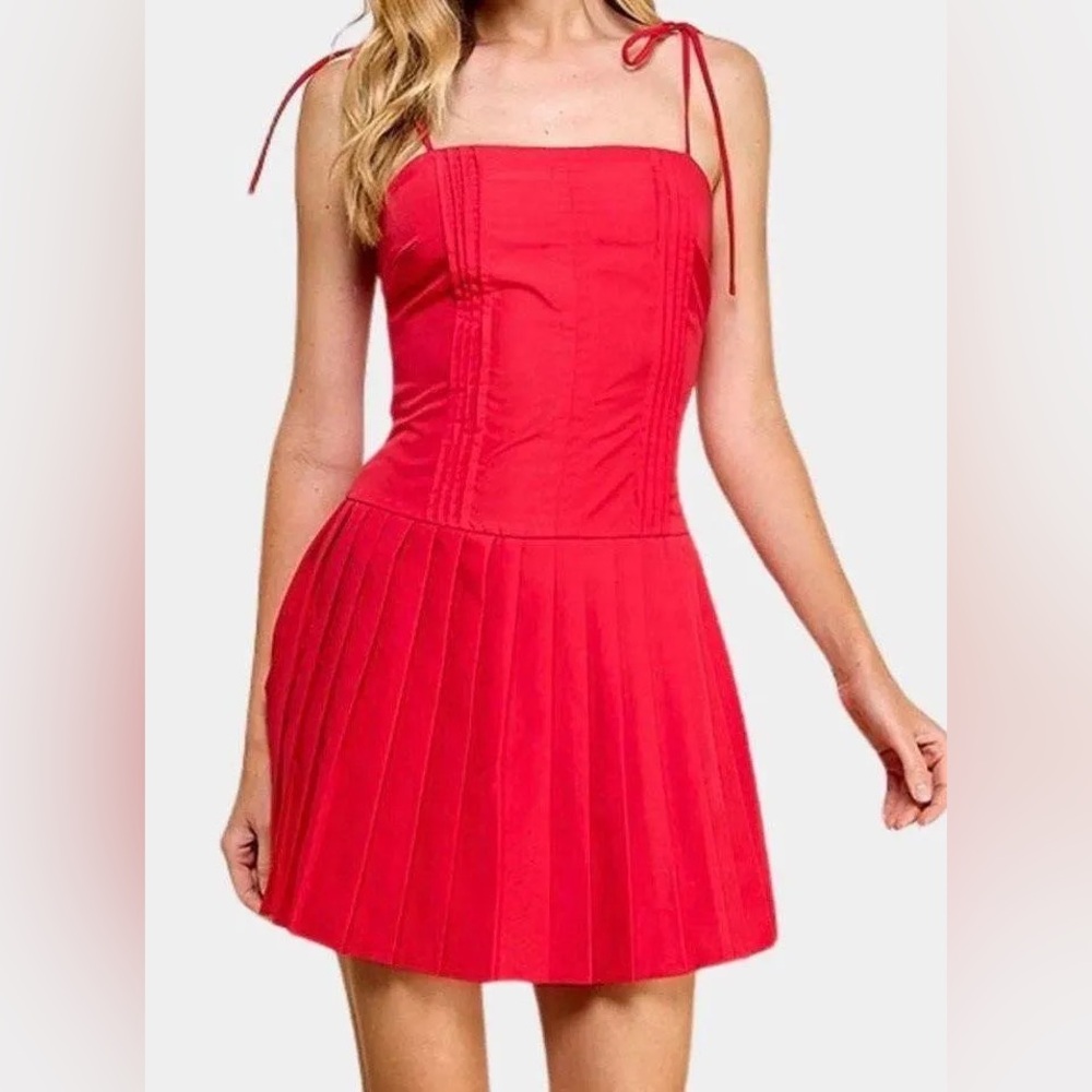 NEW Red Pleated Mini Dress with Spaghetti Straps